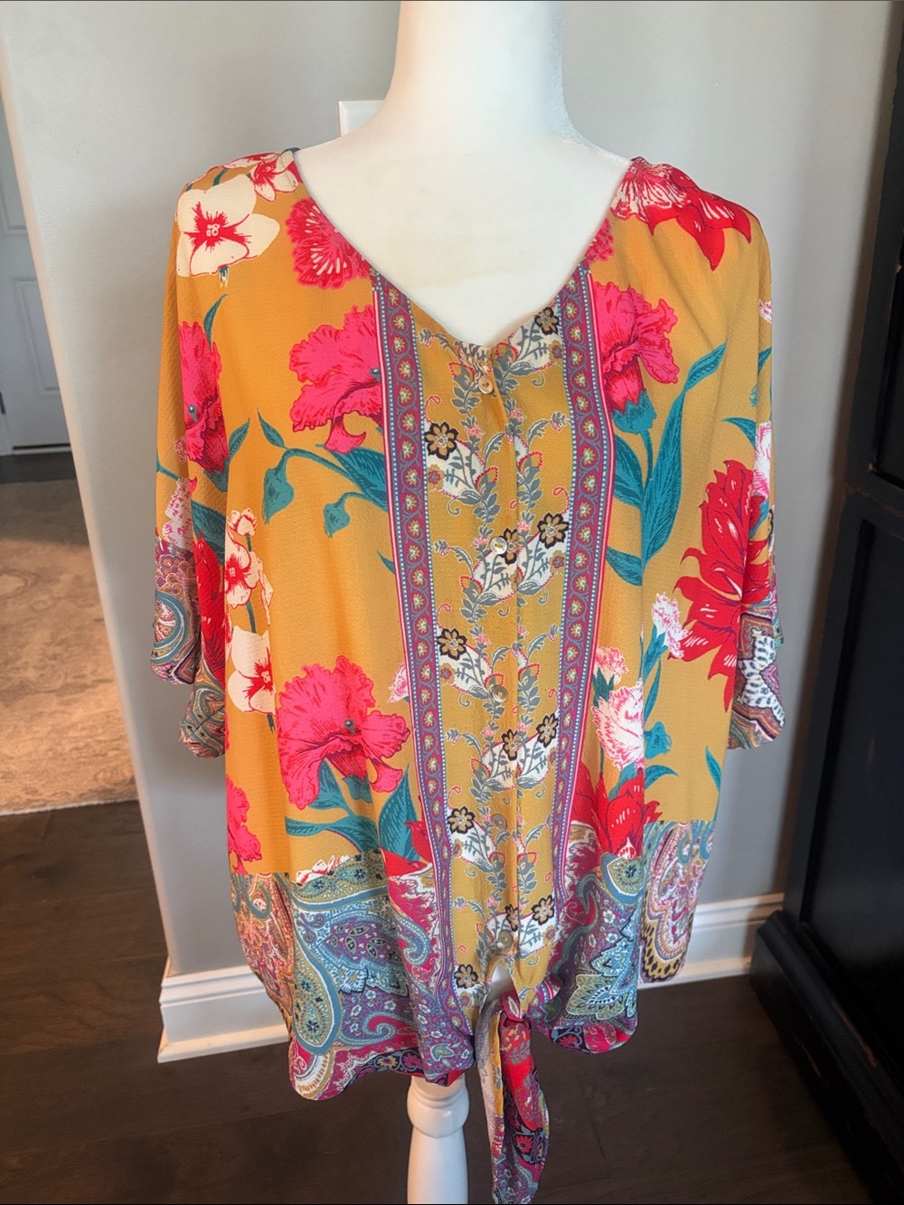 Umgee Mustard Floral Tie-Front Tunic with Pink & Teal Accents